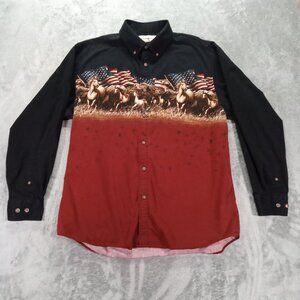 Bit & Bridle Western Shirt Men Large Button Up American Flag Running Horses